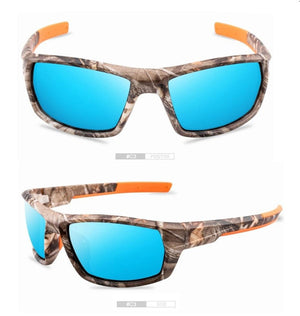 Buy sunglasses for fishing, these sunglasses have a camouflage frame and blue lens. The lens is also polarised so you can see objects in the water much better.