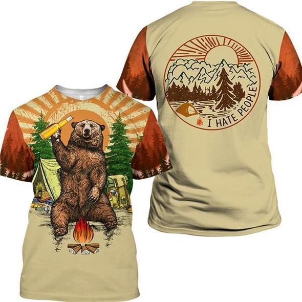 This funny camping t-shirt is sure to get a laugh. It features a brown bear holding a beer while camping in the forest. On the back the t-shirt say I Hate People.