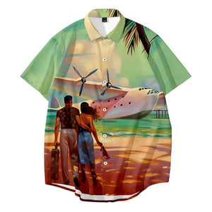 Men's vintage Havana shirt. Button up. Couple and seaplane.