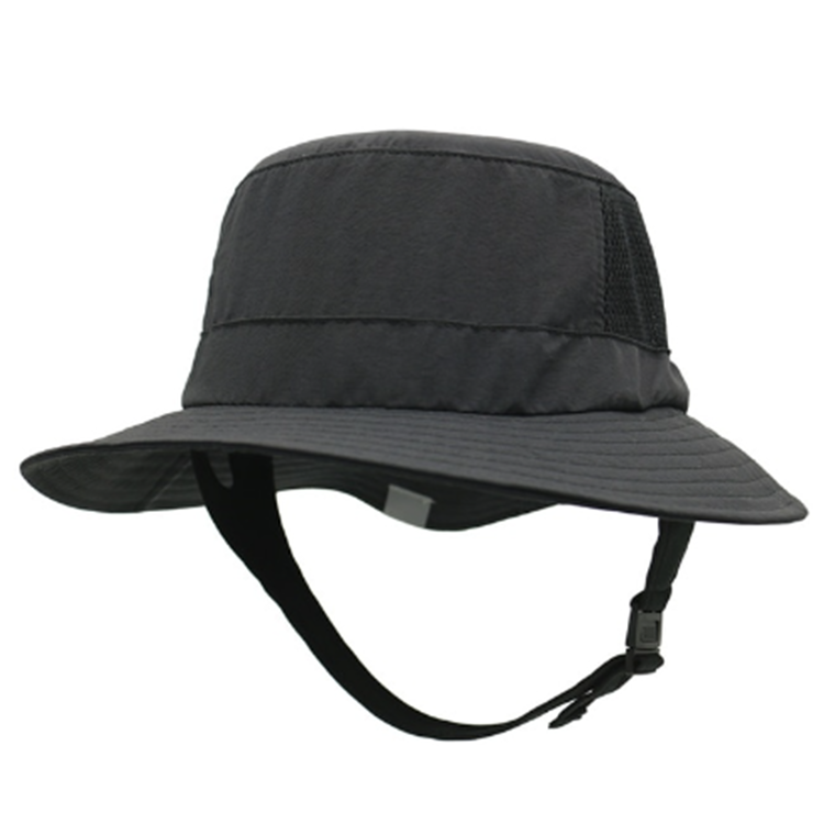 A dark grey bucket hat with a secure strap that goes around the chin. 
