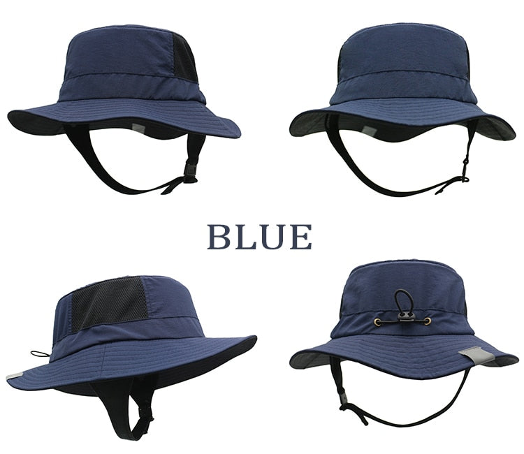 A blue bucket hat used for surfing, fishing or boating in windy conditions. The hat has a secure strap that goes around and under the chin.