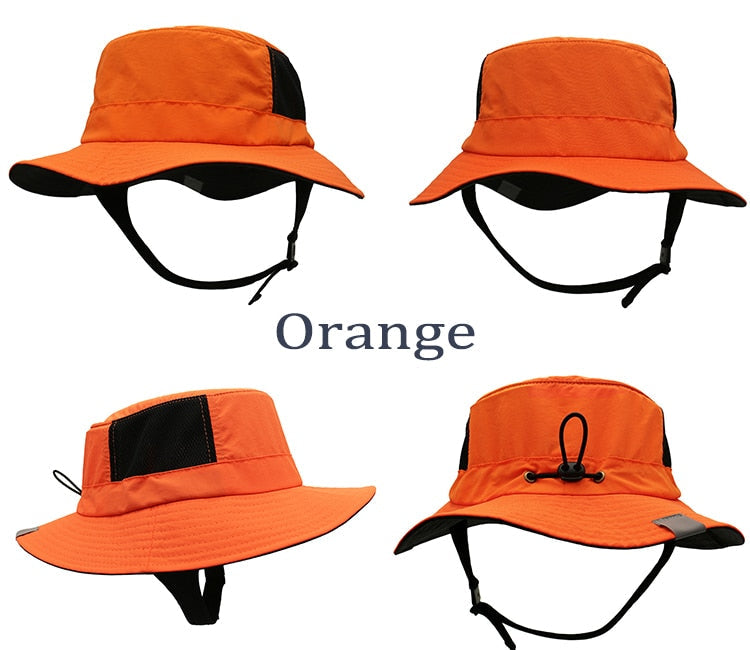 Bight orange hat used for outdoor sports especially in windy or rough conditions.
