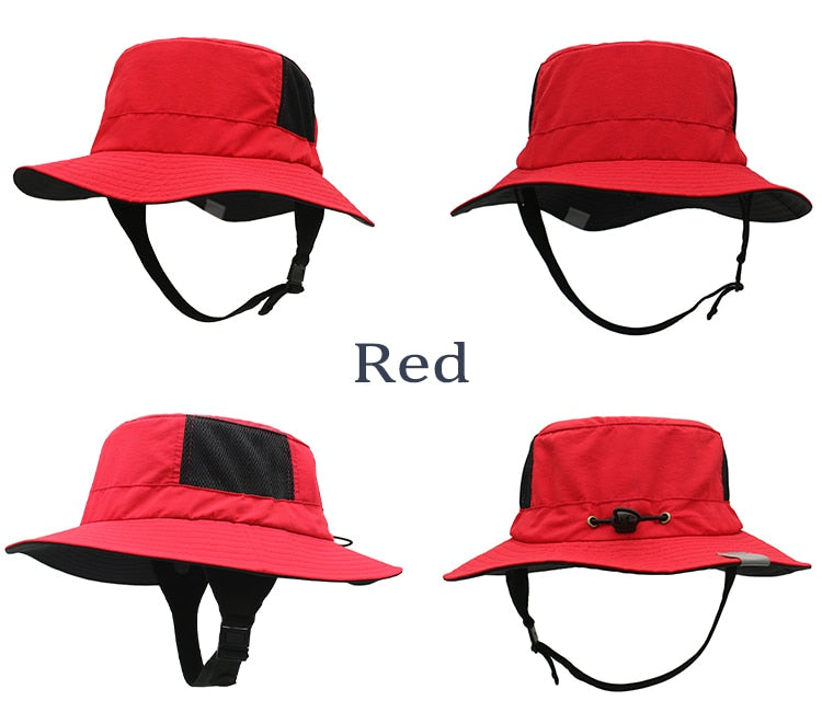 Red hat with a chin strap. The hat is designed for surfing, boating and fishing especially in windy conditions.