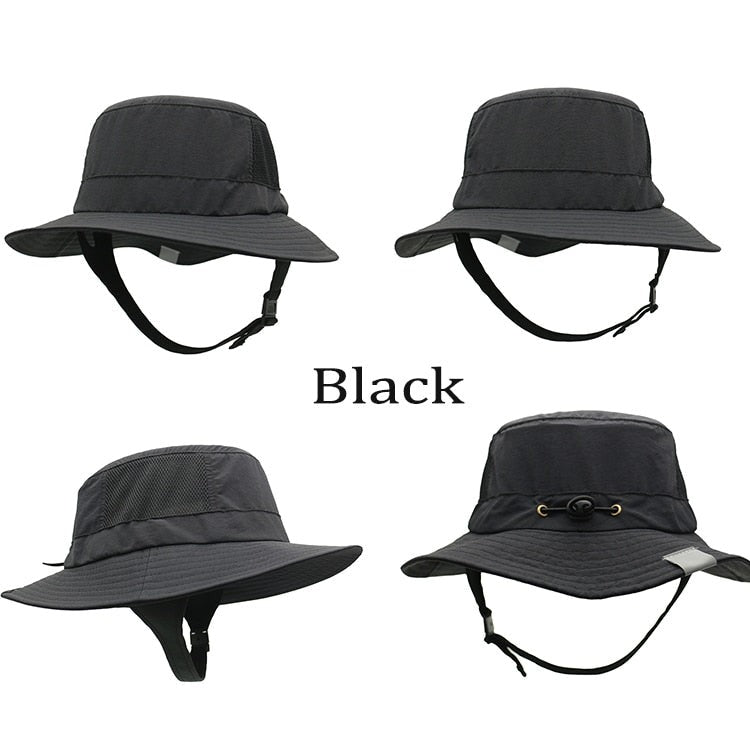 Profile photos of a black hat used for outdoor sports in windy conditions. The hat is designed with a secure chin strap.
