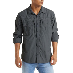 Dark grey button-up fishing shirt with zip pockets on the chest.