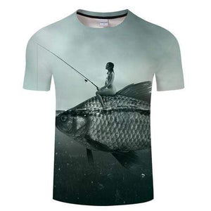 Fishing t-shirt for sale. Girl riding a silver fish while holding onto a fishing rod.
