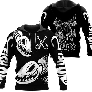 Black fishing hoodie with the grim reaper holding a fish on the back. Fish On logon on chest and sleeve. Black hoodie with white text. Two big angry fish on front.