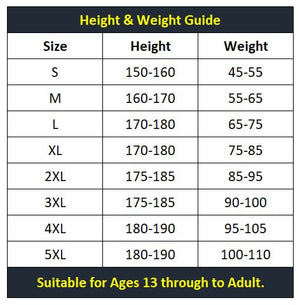 A table showing the recommended height and weight for each fishing hoodie size.