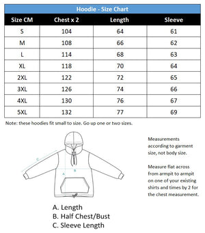 A table and diagram showing the measurements of a fishing hoodie.