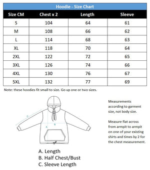 A table showing the size measurements of the fishing hoodies sold at Guts Fishing Apparel.
