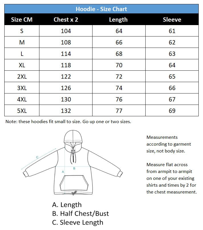 Fishing hoodie size chart measurements at Guts Fishing Apparel Australia.