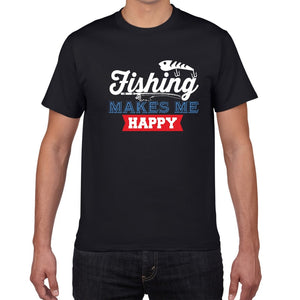 Black t-shirt with text saying fishing makes me happy. Buy it online at Guts Fishing Apparel Australia.