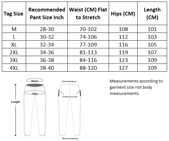 Size chart for long length fishing pants.