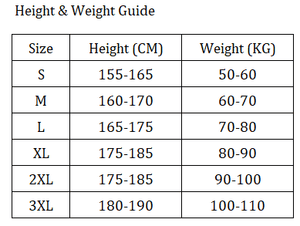 T-shirt height and weight size guide.