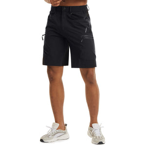 Black fishing shorts for men with zip pockets and stretch fabric.