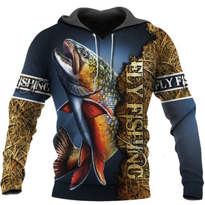 Fly fishing hoodie, 3D Graphic artwork. Big colourful trout fish on blue backdrop.  