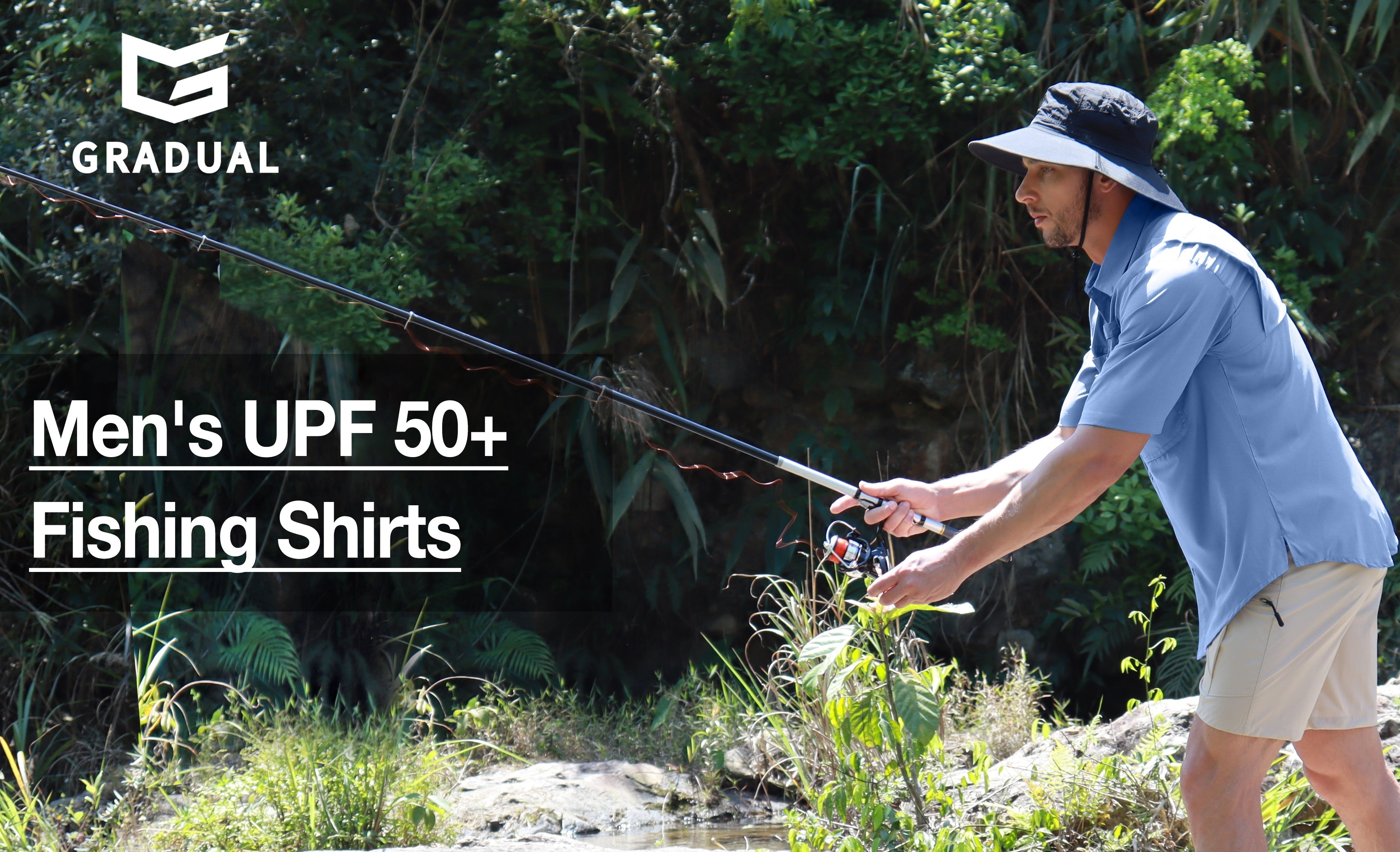 Gradual fishing brand advertisement. Man fishing in blue shirt and khaki shorts. 