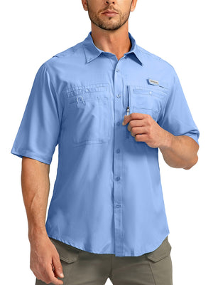 Man wearing a blue Gradual brand short sleeve button-up fishing and hiking shirt. The shirt also features a velcro rod holder strap and a zip pocket.