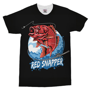 Red snapper fishing shirt. Men's black t-shirt with picture of a big Red Snapper fish and fishing rod. 