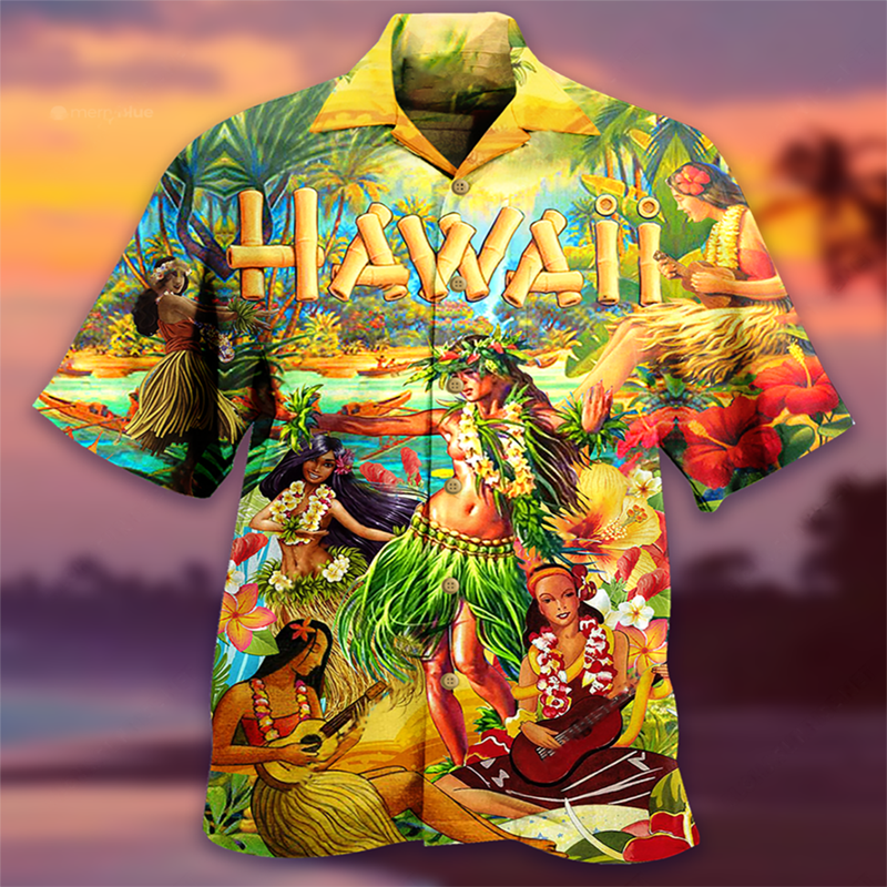 Colourful Hawaiian shirt. Hula girls dancing.