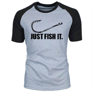 Just Fish It fishing t-shirt for men. Raglan style t.