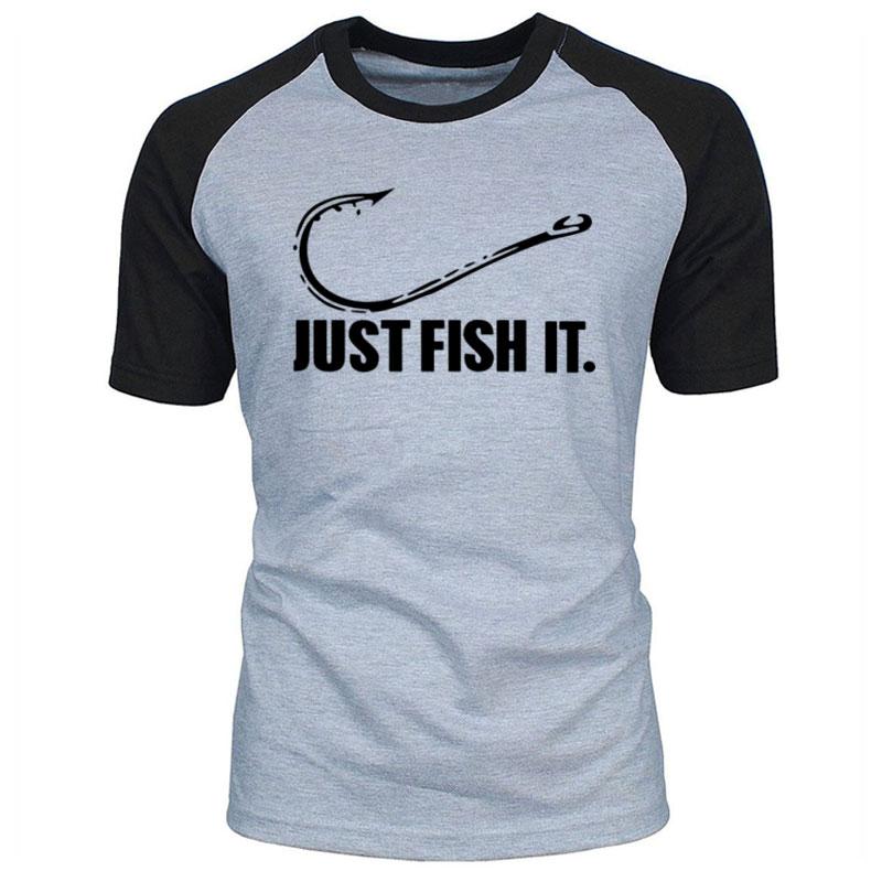 Just Fish It Raglan T-shirt. Grey body with black sleeves. 