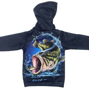Kids hoodie for fishing in winter. Navy with picture of a large mouth bass fish on it.