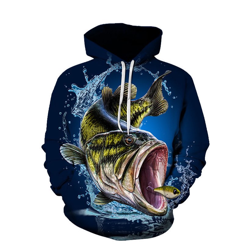 A kids fishing hoodie with a picture of a big fish jumping out of the water chasing a fishing lure. The hoodies is navy and the fish is a green black colour.