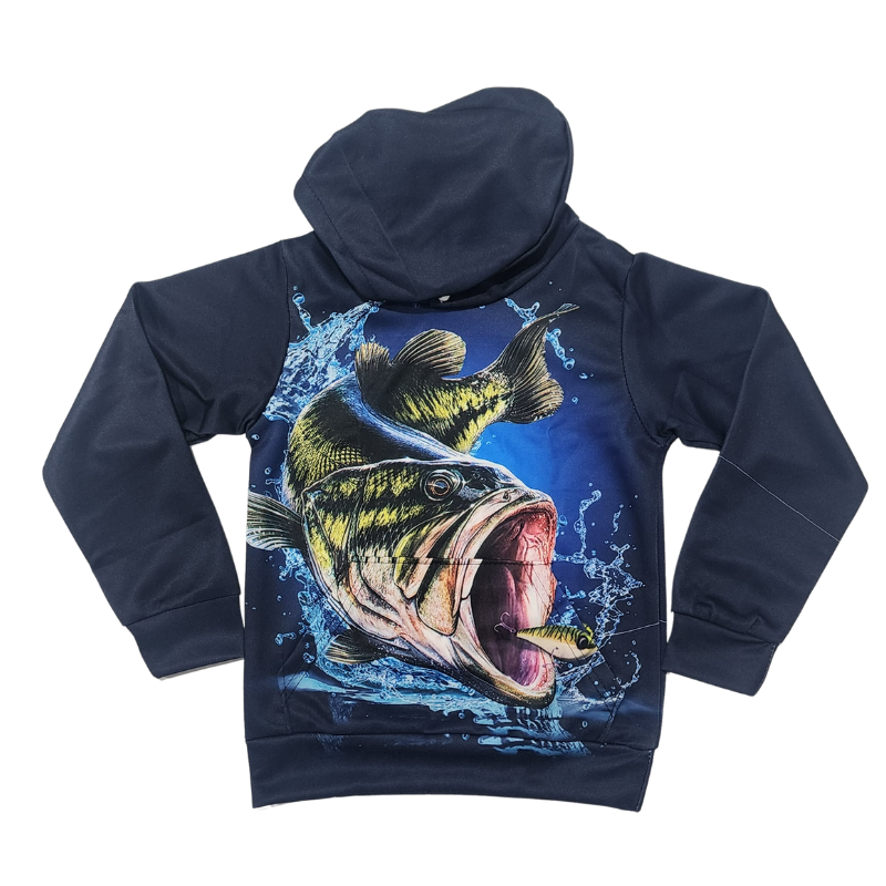 Long sleeve hooded fishing shirt for kidss\. Big fishing cashing a lure in water design.