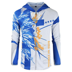 Blue and white fishing shirt with Marlin design. The shirt has two zip pockets and a hood for sun protection.
