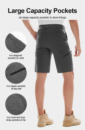 Large capacity cargo pockets on men's grey pair of hiking shorts.