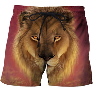Men's shorts with lion head print designs. Beautiful deep red and golden colours. 