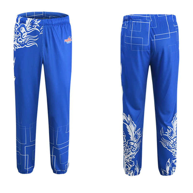 Long length blue fishing pants with zip pockets.