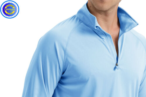 Blue shirt with zip up stand collar.