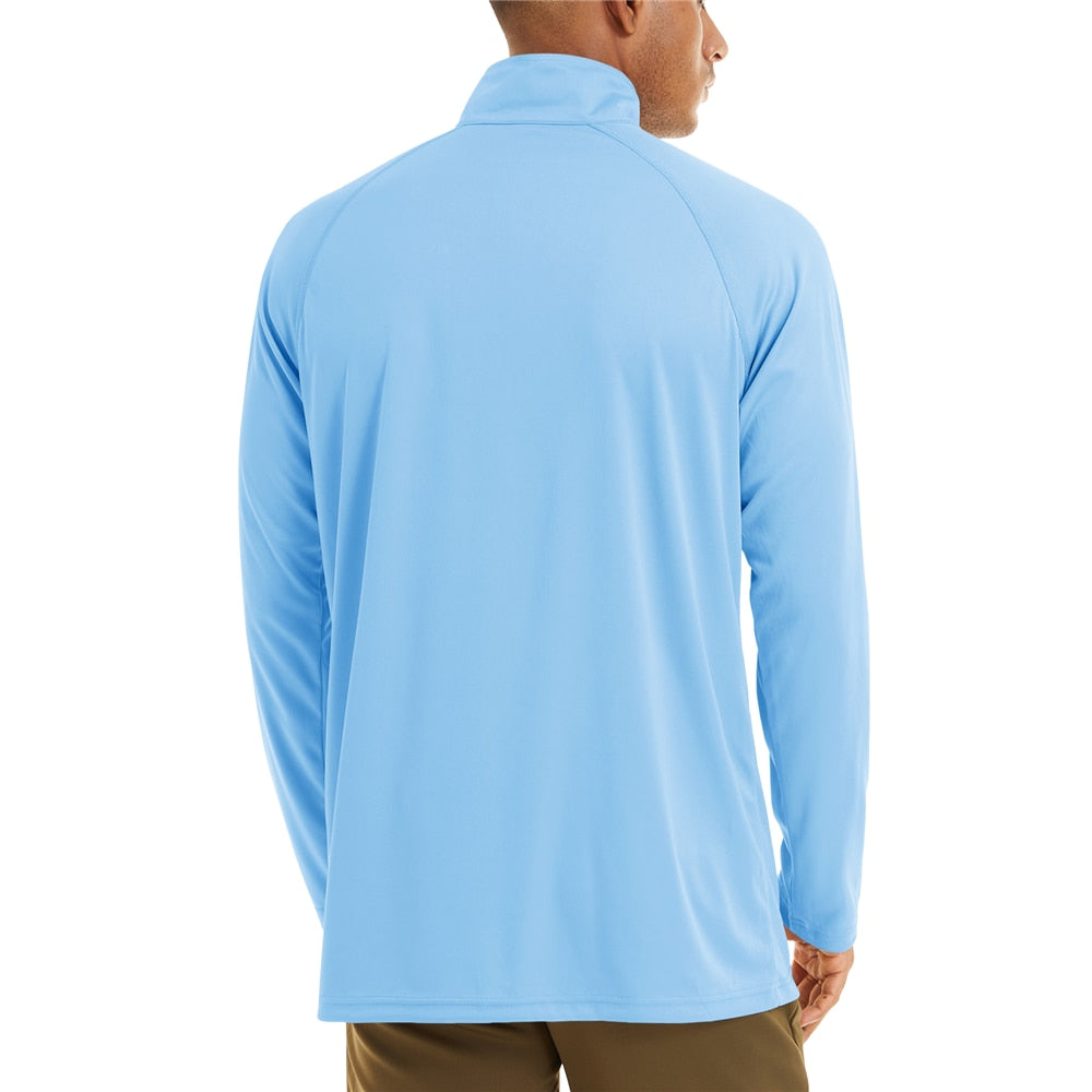 Sky blue long sleeve men's shirt that's lightweight making it good for sport and fishing.