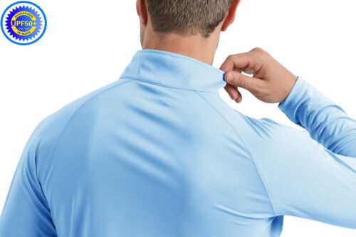 Light blue UPF 50+ sun protection shirt with collar.
