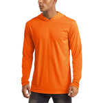 men's orange long sleeve shirt. UPF 50+ sun protection. With hood. Thumb holes in sleeve cuffs.