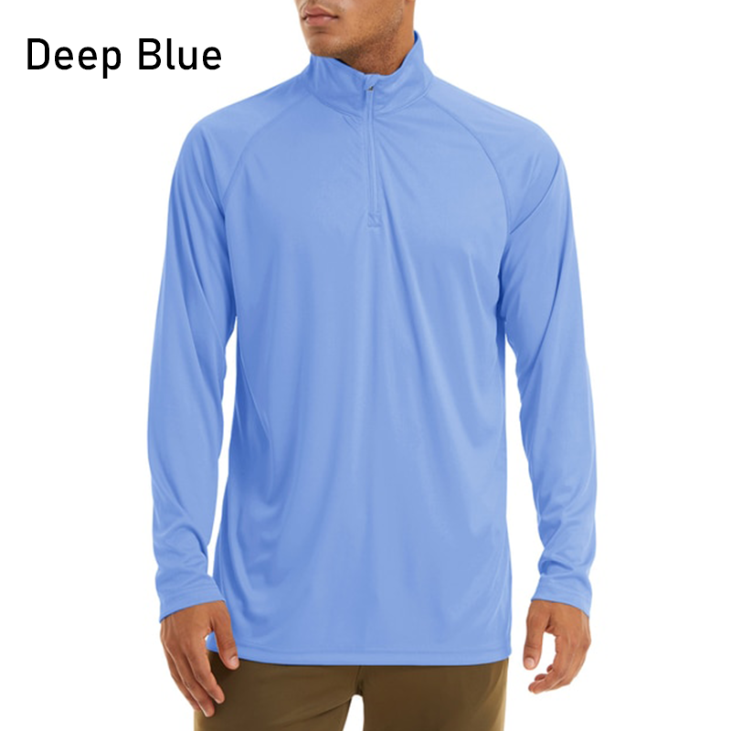 Men's long sleeve sun protection shirt with zip collar. Deep blue. UPF50+.