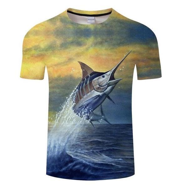 Big marlin on a men's t-shirt jumping out from the deep blue sea. 