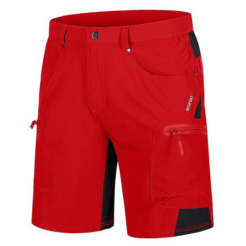 A pair of red shorts for men made from quick drying material. The shorts have an elastic waistband and zip pockets. The shorts are ideal for hiking, fishing and camping.