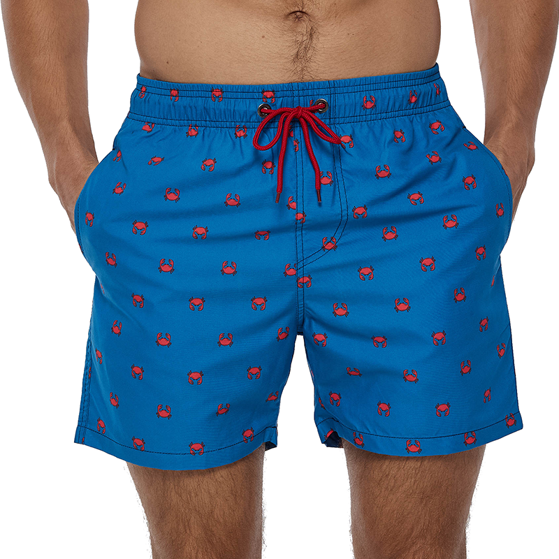 Blue boardshorts with red crabs. Quick drying cloth. Short length swim shorts for men.