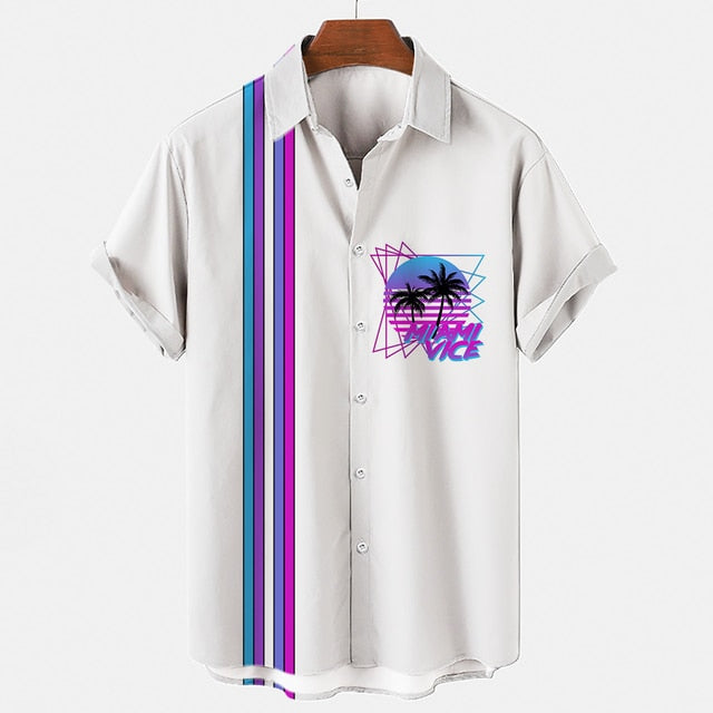 Retro 80's designed Hawaiian shirt with Miami Vice logo, palm tree, purple and blue neon strips. 