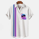 Men's white Hawaiian shirt with 80's Miami Vice theme design. Short sleeve button up with collar.