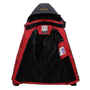 Warm fleece lined winter jacket with detachable hood. Red and black.