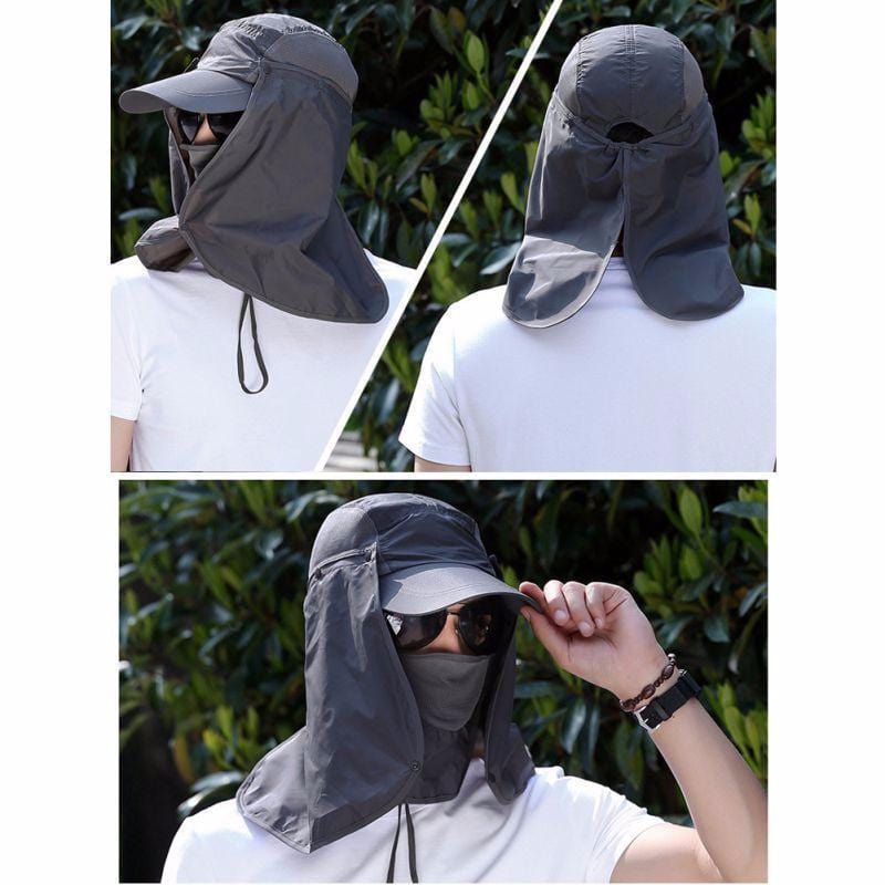 Sun protection hat with removable face and neck flaps. 