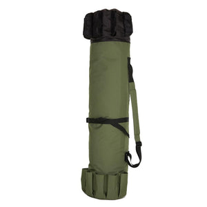 Fishing rod carry bag with big pocket and duffel bag closure. 