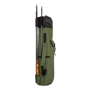 Fishing rod tackle bag with drawstring closure and large side zip.