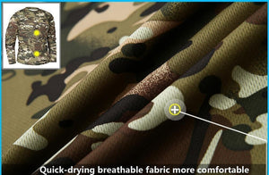 Camouflage fishing shirt material close up showing breathable fabric.