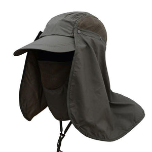 Grey UV protection cap with removable face and neck flaps.