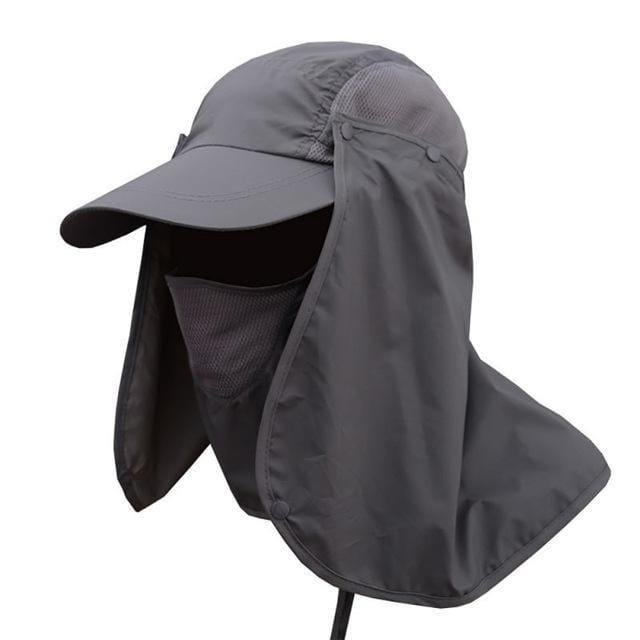 Grey UV protection cap with removable face and neck flaps.